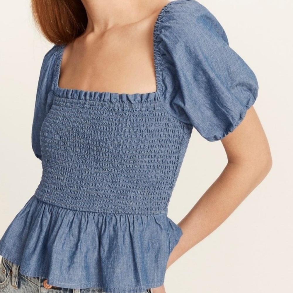J. Crew Square Neck Smocked‎ Chambray Short Puff Sleeve Top in Blue Denim Peplum